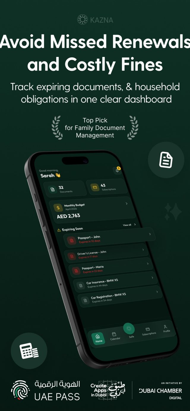 KAZNA app home screen showing documents and renewals