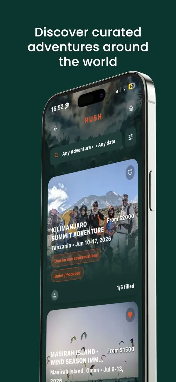 RUSH app trip discovery screen